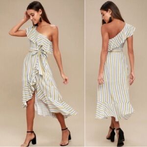 Lulus High Tide Yellow Striped One Shoulder Midi Dress M MISSING BELT